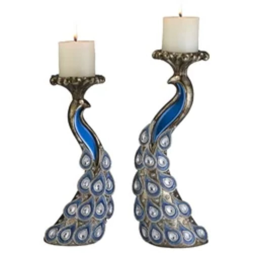 Peacock 2 Piece Polyresin Candle Holder Set By Sintechno